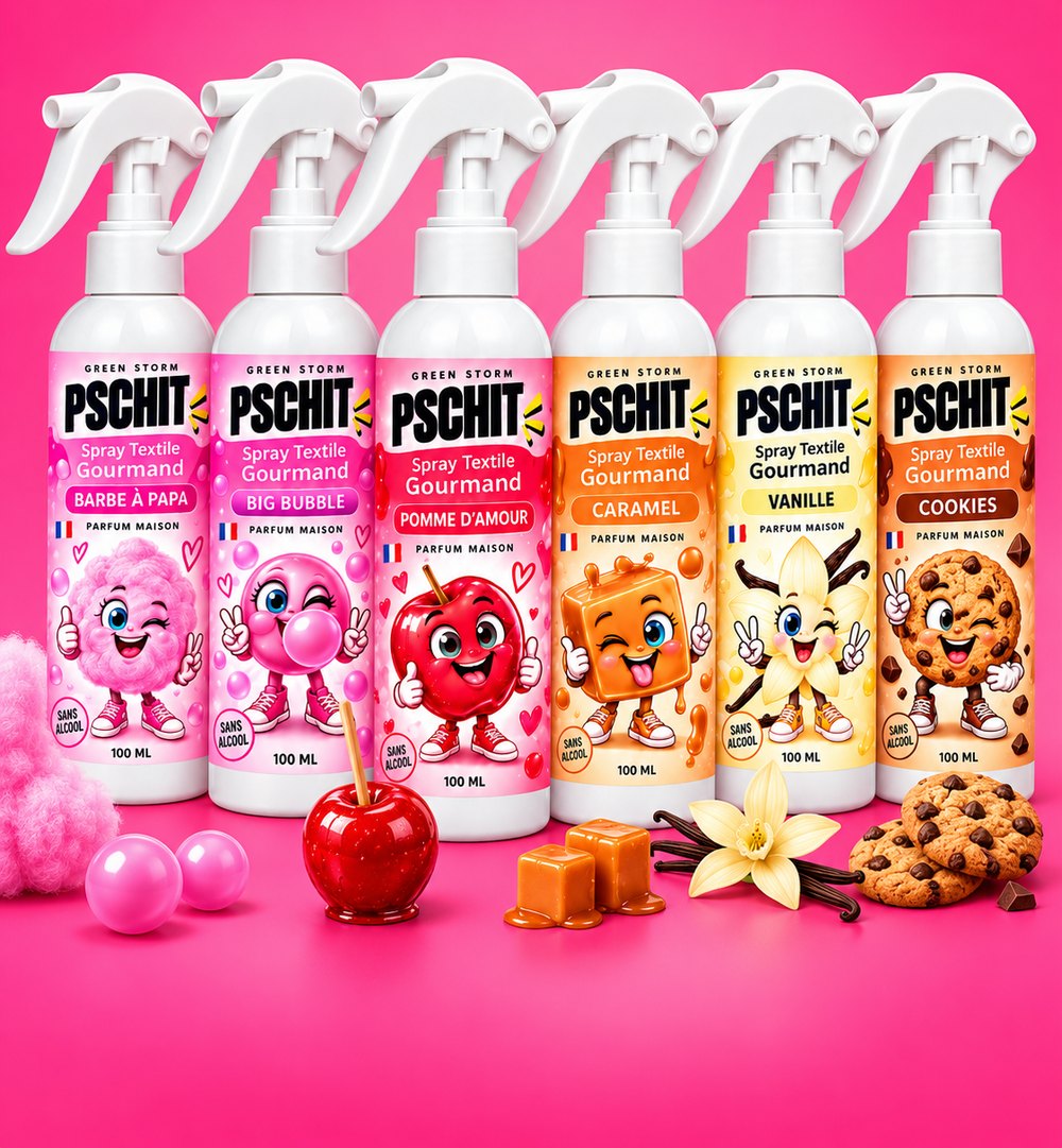 Les six sprays textiles gourmands Pschit 100 ml alignés